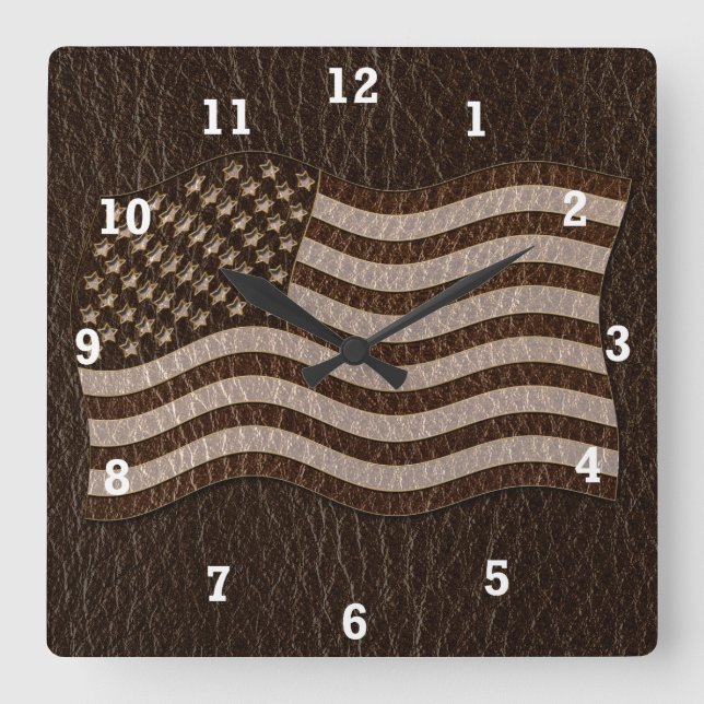 Leather-Look USA Flag Dark Square Wall Clock (Front)