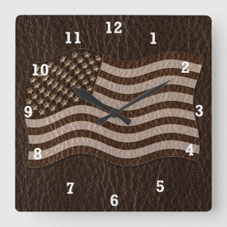 Leather-Look USA Flag Dark Square Wall Clock