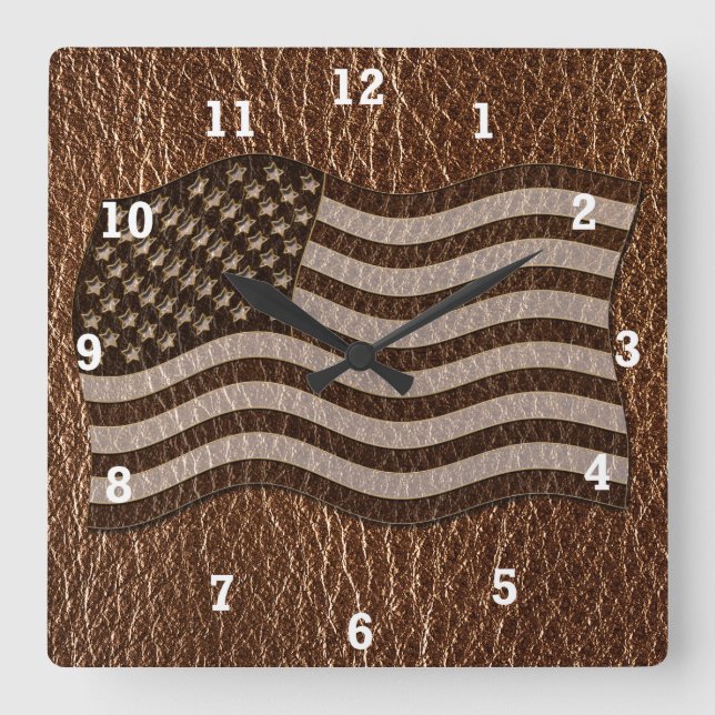 Leather-Look USA Flag Square Wall Clock (Front)