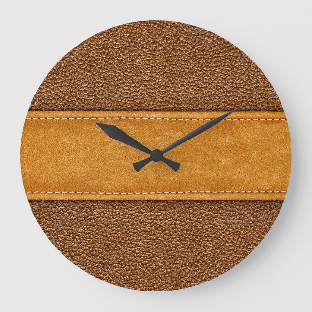Leather Luxe: Stitched Brown Elegance Large Clock (Front)