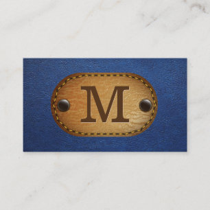 Leather Monogram Blue Leather and Stitched Patch Business Card