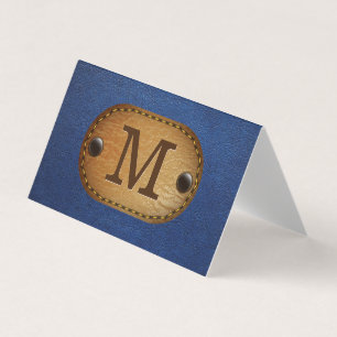 Leather Monogram   Blue Leather and Stitched Patch Business Card