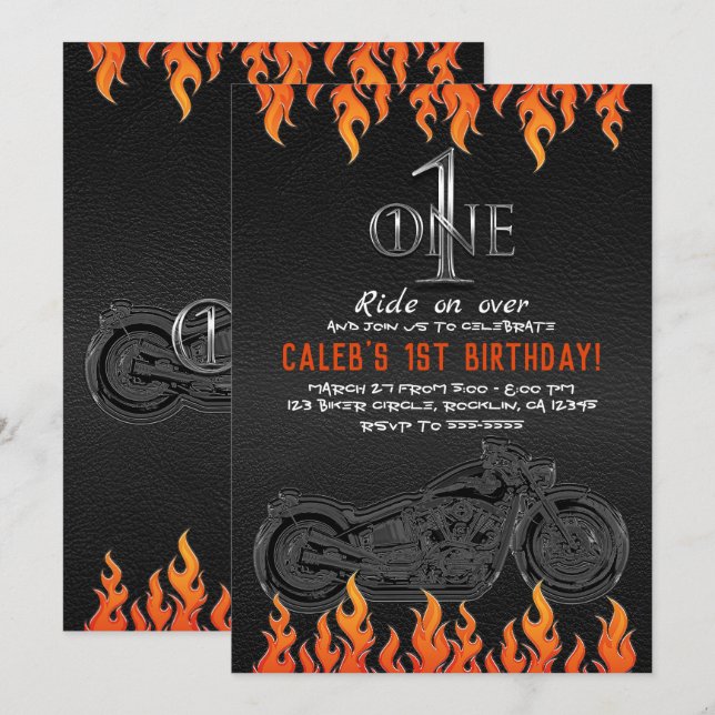Leather & Orange Flames Motorcycle 1 1ST Birthday Invitation (Front/Back)