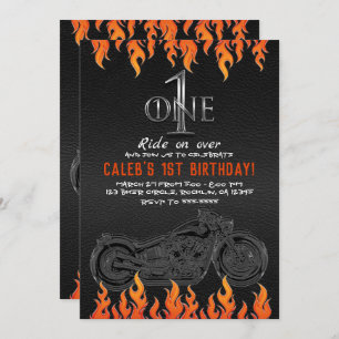 Leather & Orange Flames Motorcycle 1 1ST Birthday Invitation