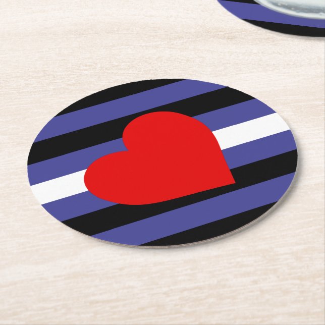 Leather Pride Flag and Heart Round Paper Coaster (Angled)