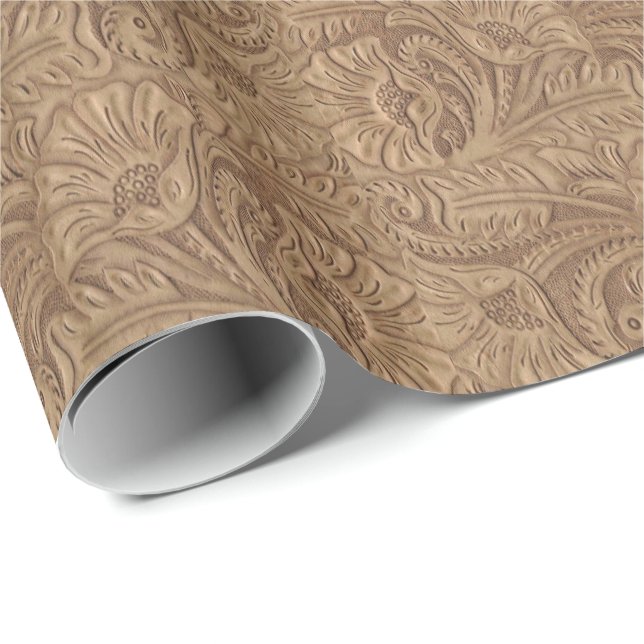 Leather Print Brown Western Tooled Leather Wrapping Paper (Roll Corner)
