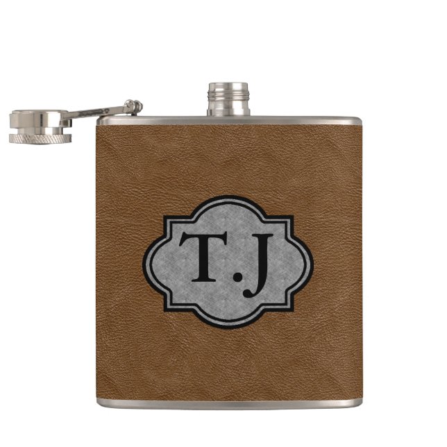 LEATHER PRINT FINISH MONOGRAMMED HIP FLASK (Opened)
