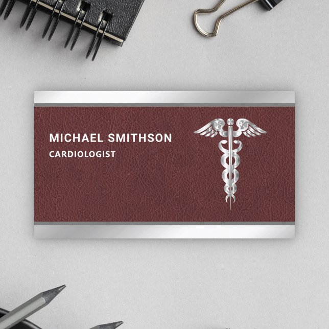 Leather Steel Caduceus Symbol Medical Professional Business Card (Creator Uploaded)