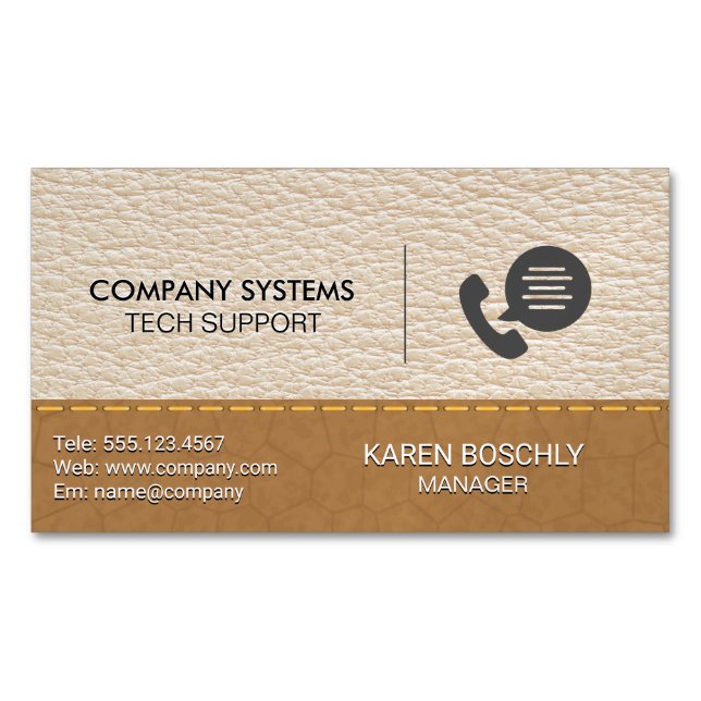 Leather | Stitched Brown Leather Background Magnetic Business Card (Front)