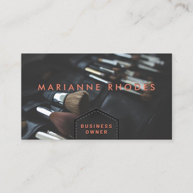 Leather Stitched Flap | Embossed Lettering Brushes Business Card (Front)