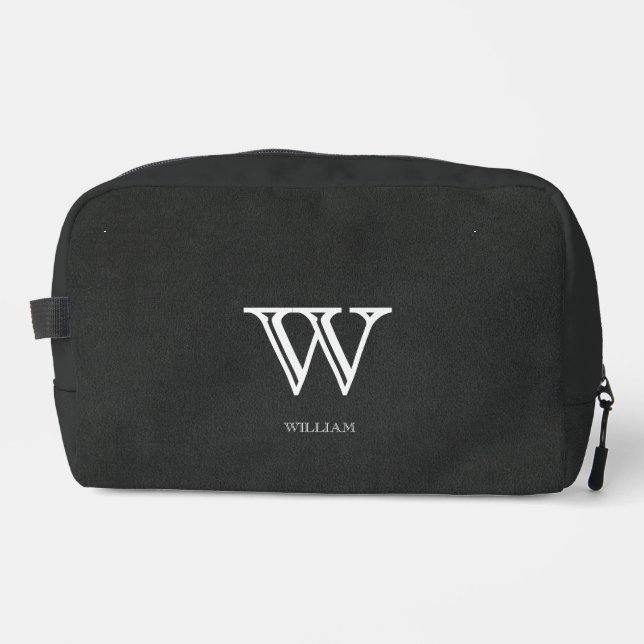 Leather Texture Black Monogram Name Dopp Kit (Front)