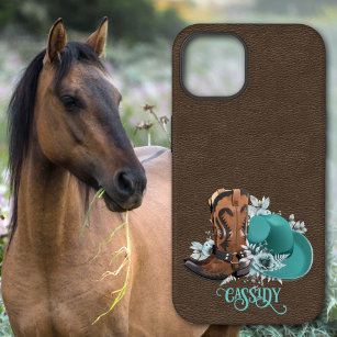 Leather texture cowgirl brown turquoise Case-Mate iPhone 14 case