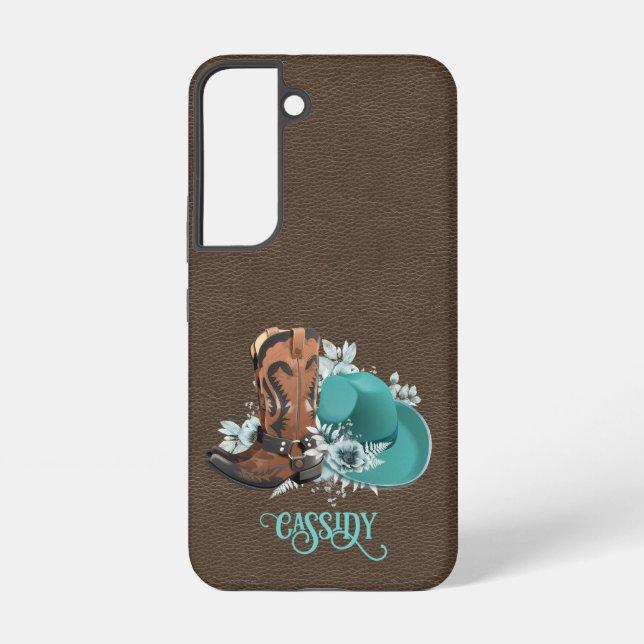 Leather texture cowgirl brown turquoise samsung galaxy s22 case (Back)
