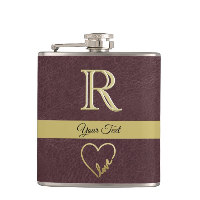Leather Texture Custom Monogram with Love  Hip Flask (Front)