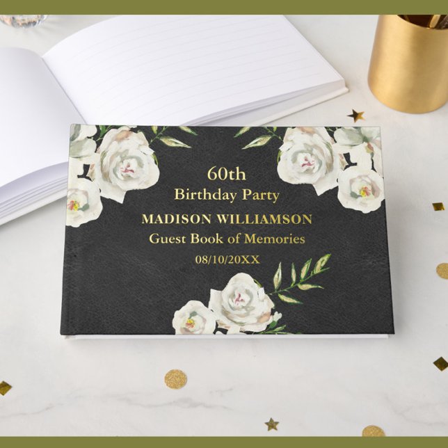 Leather Texture Floral Birthday Party Gold Foil  Guest Book (Creator Uploaded)