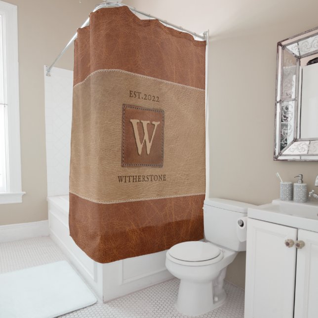 Leather Tone Stripe Chestnut Brown Shower Curtain (In Situ)