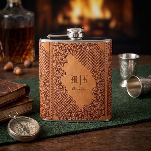 Leather Vintage Western Cowboy Initials Flask (Creator Uploaded)