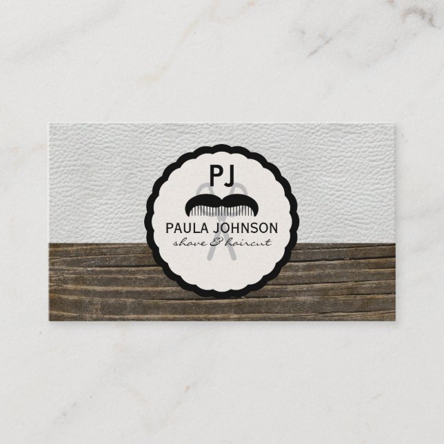Leather Vintage Wood Barber Monogram Business Card (Front)