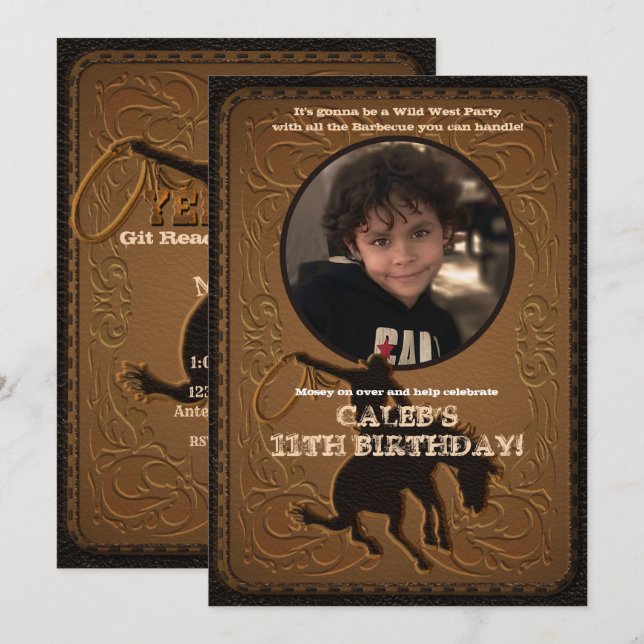 Leather Western Wild West Cowboy Birthday Photo Invitation (Front/Back)
