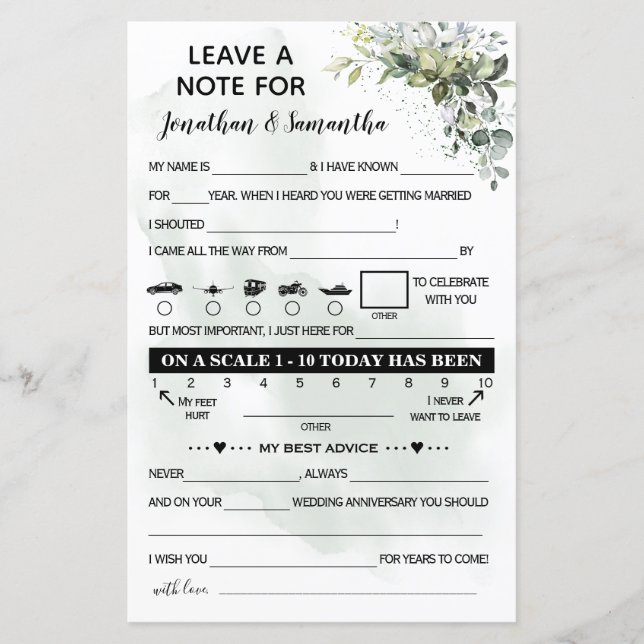 Leave a note bilingual eucalyptus wedding (Front)