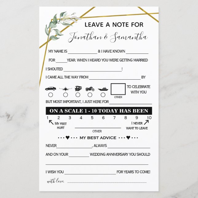 Leave a Note bilingual greenery gold wedding (Front)