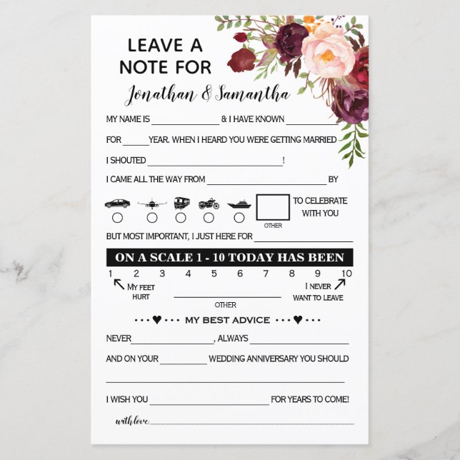 Leave a Note for Newlywed Marsala Shower (Front)