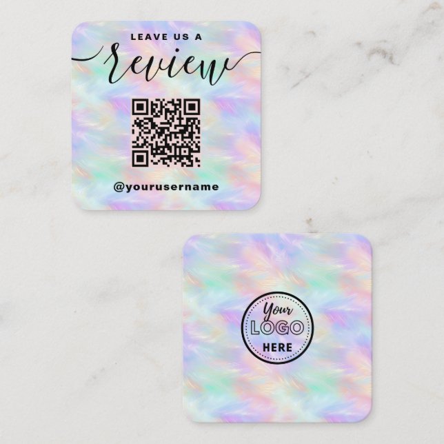 Leave Us A Review QR Code Iridescent Stylish Logo Square Business Card (Front/Back)