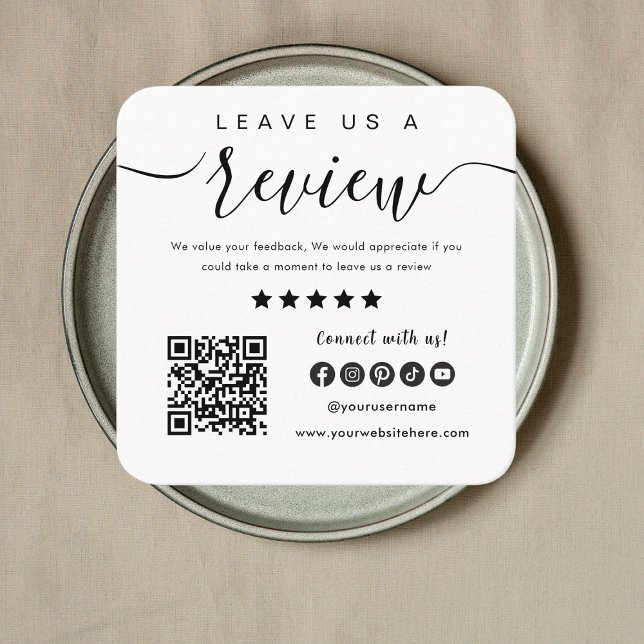 Leave Us A Review Qr Code Social Media Logo White Square Business Card (Creator Uploaded)
