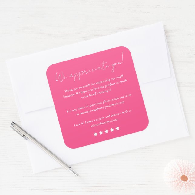 Leave Us A Review Script Thank You Hot Pink Square Sticker (Envelope)