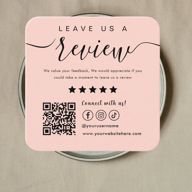 Leave Us A Review Social Media Logo Blush Pink Square Business Card (Creator Uploaded)