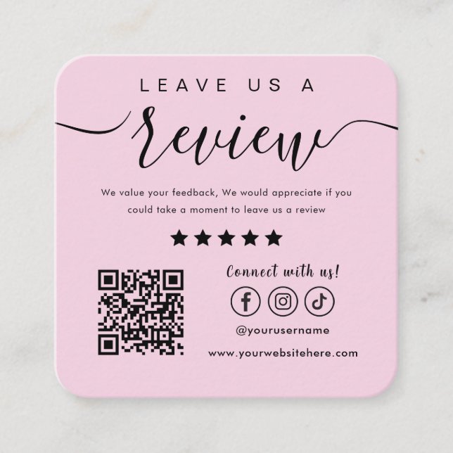 Leave Us A Review Social Media Logo Trendy Pink Square Business Card (Front)