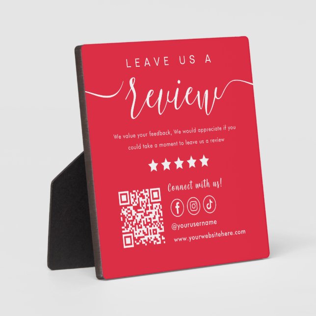 Leave Us A Review Social Media Qr Code Logo Red Plaque (Front)