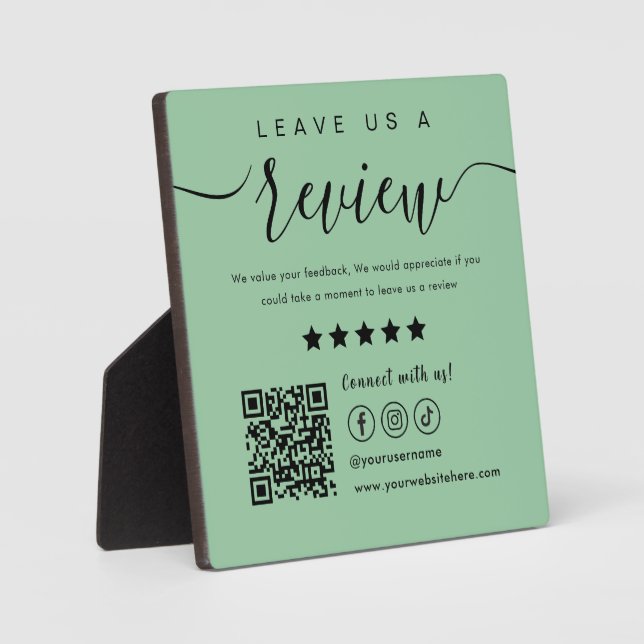 Leave Us A Review Social Media Qr Code Mint Green Plaque (Front)