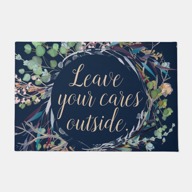 Leave Your Cares Outside Foliage Navy Doormat (Front)