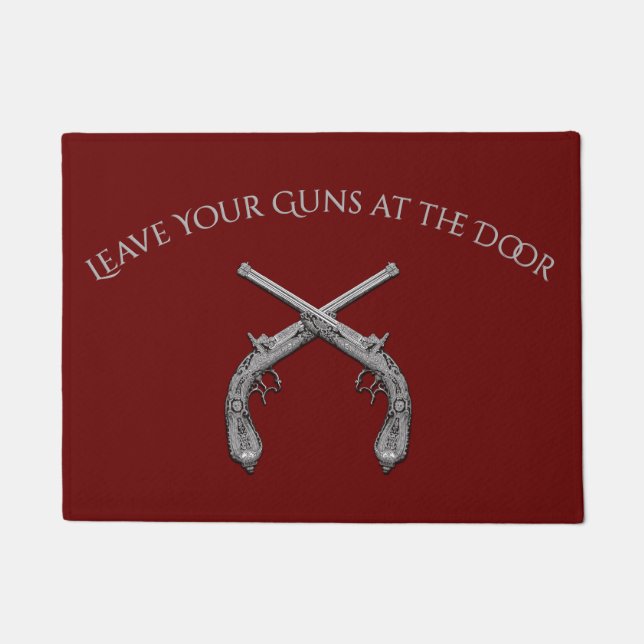 Leave Your Guns at the Door Crossed Pistols Red Doormat (Front)