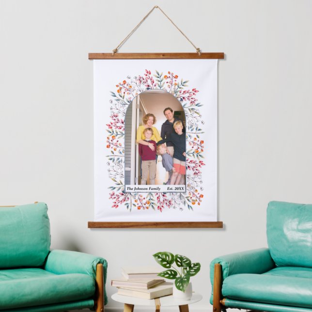 Leaves and berries dusty blue arch family photo hanging tapestry (Living Room)