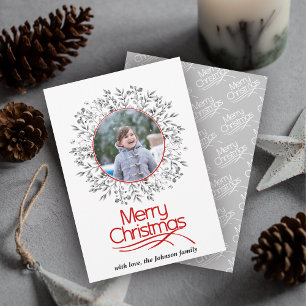 Leaves and berries red grey Merry Christmas photo Holiday Card