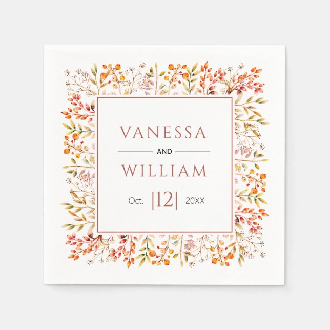 Leaves and berries terracotta fall wedding napkins (Front)