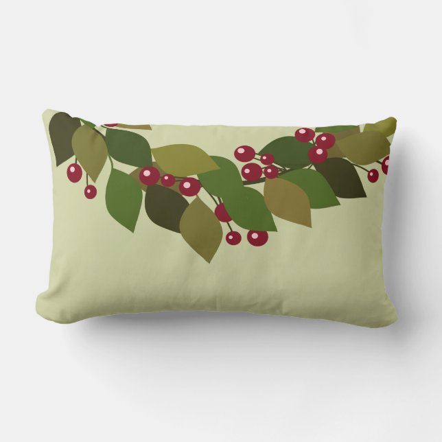 Leaves and Berries Wreath | Rustic Christmas Lumbar Cushion (Front)