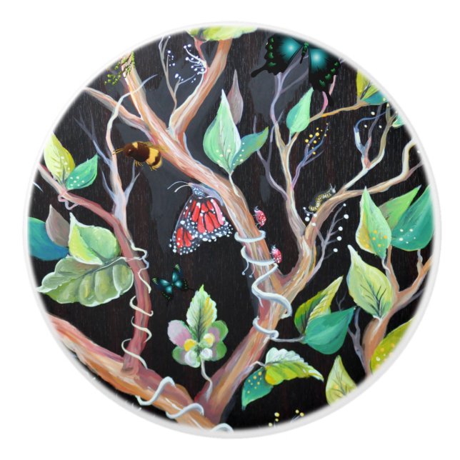 Leaves and butterflies painting ceramic knob (Front)