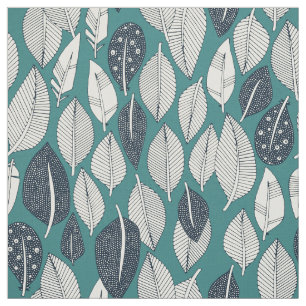leaves and feathers teal fabric