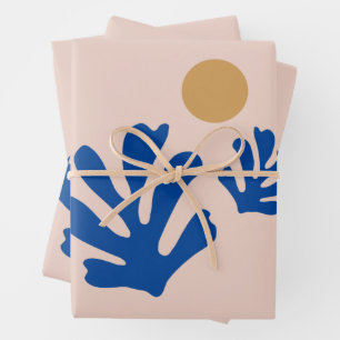 Leaves And Sun Modern Cut Outs Shapes Blue Wrapping Paper Sheet