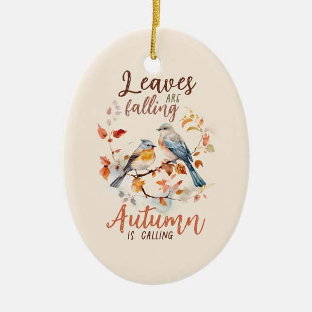 Leaves Are Falling –Whimsical Fall Birds & Foliage Ceramic Tree Decoration (Front)