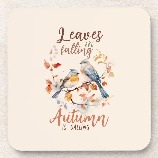Leaves Are Falling –Whimsical Fall Birds & Foliage Coaster (Front)