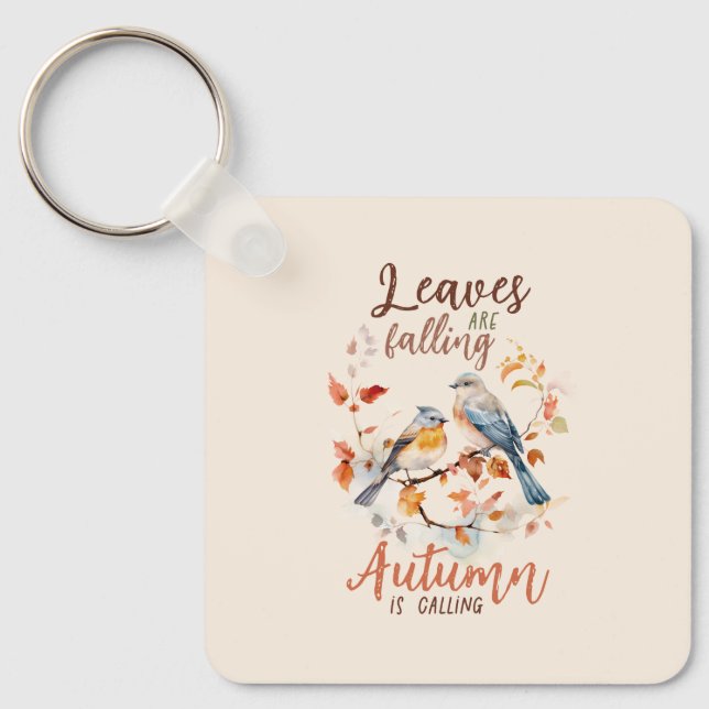 Leaves Are Falling –Whimsical Fall Birds & Foliage Key Ring (Front)