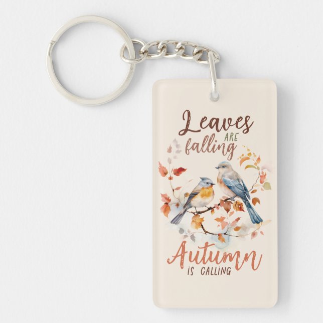 Leaves Are Falling –Whimsical Fall Birds & Foliage Key Ring (Front)
