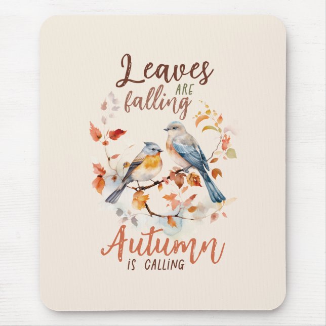 Leaves Are Falling –Whimsical Fall Birds & Foliage Mouse Pad (Front)