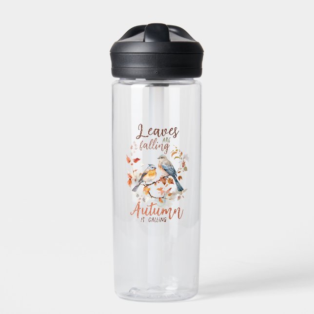 Leaves Are Falling –Whimsical Fall Birds & Foliage Water Bottle (Front)