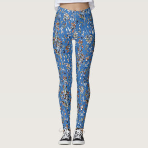 Leaves Berries Blue Elegant Watercolor Floral Leggings