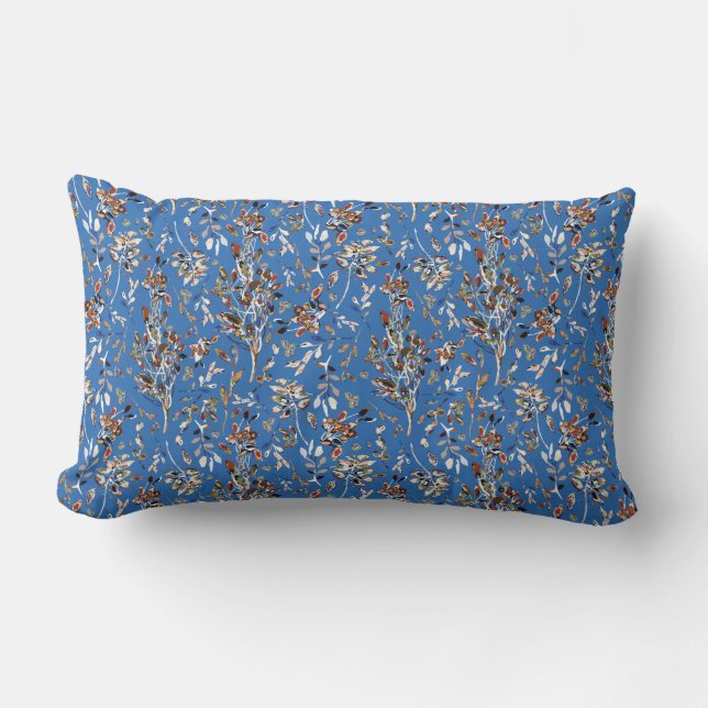 Leaves Berries Blue Elegant Watercolor Floral Lumbar Cushion (Front)